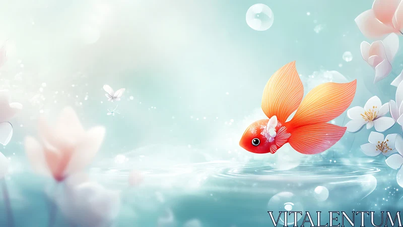 Luminous goldfish in aqueous bloom field with bokeh diffusion.