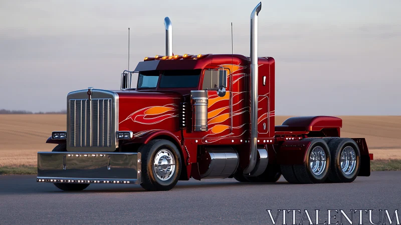 Aerodynamic custom semi truck with flame livery at dusk.