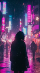 Silhouette stands in rain against neon city street lighting