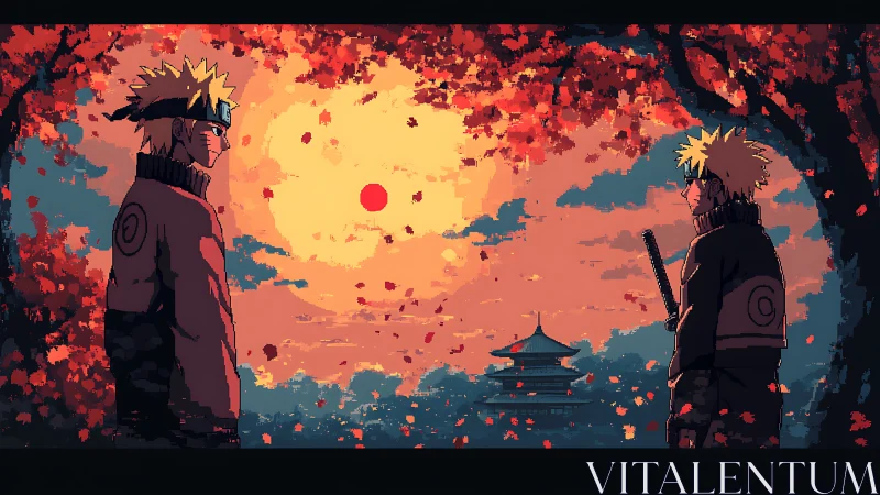 Pixel duel under blazing autumn sun and crimson leaves.