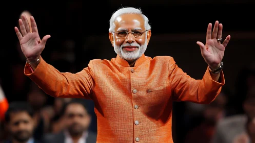 Man in orange traditional jacket raising both hands in greeting.