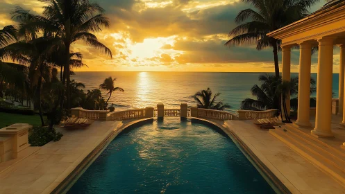 Sunset-drenched infinity terrace melts into molten horizon