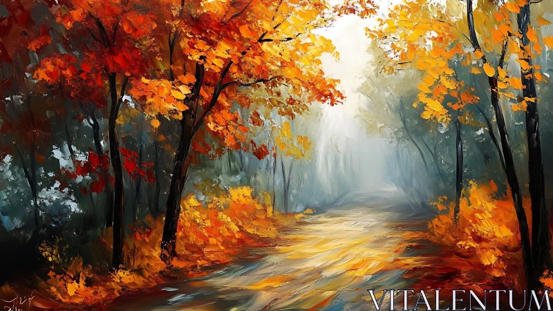 Golden autumn path drifting into a soft morning mist.