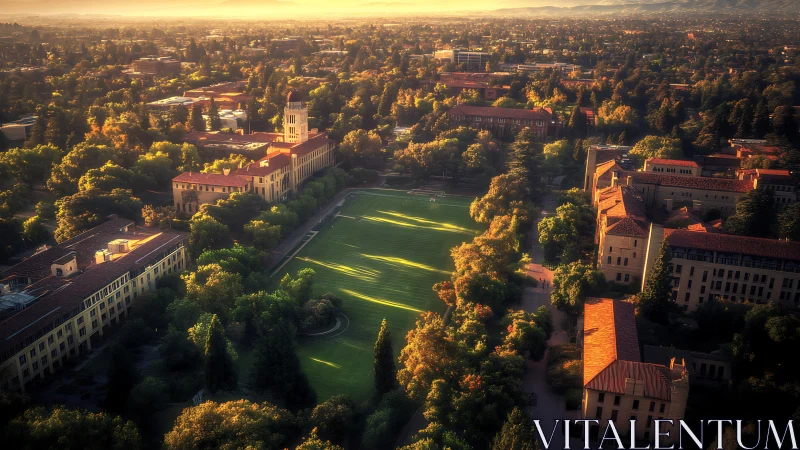 Sunlit college campus lawn glows warmly in the golden hour