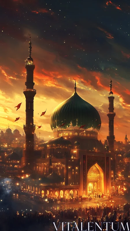 Golden-domed city hums beneath ember-soaked twilight sky