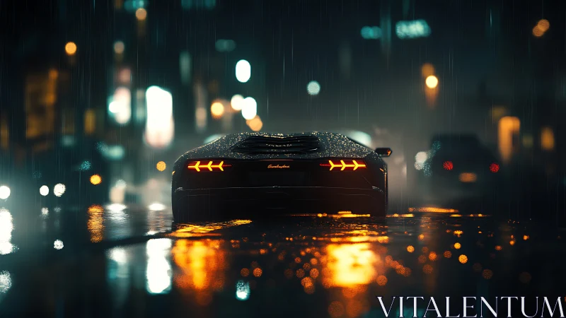 Supercar taillights glow through neon rain on city streets.