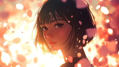 Soft-lit anime portrait amid drifting pastel petals.