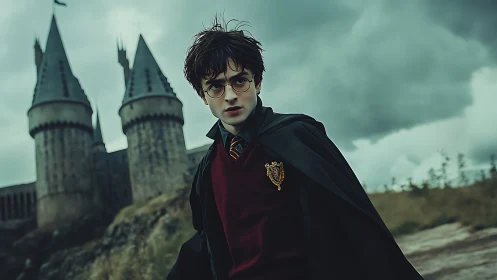 Young robed student near stone castle under cloudy sky.