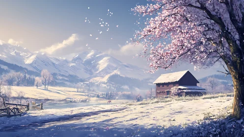 Snowy mountain farm under blooming cherry sunrise glow.