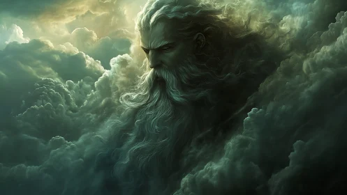 Elderly male visage integrated into dense storm clouds.