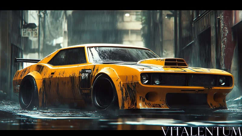 Wide-body muscle car idling in rain-soaked alley with cinematic lighting