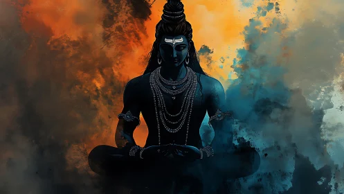 Meditating deity silhouette amid fiery teal cosmic clouds.