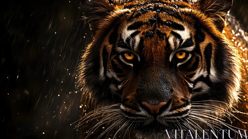 Tiger stares through rain with glowing amber eyes at dusk.