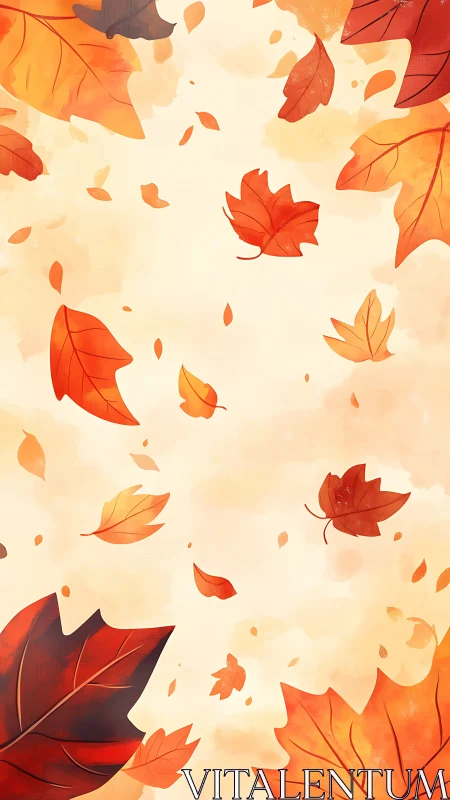 Swirling autumn leaves over soft watercolor sky backdrop.