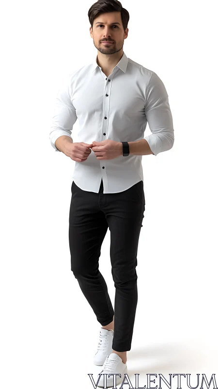 Modern man models slim white shirt and black chinos.