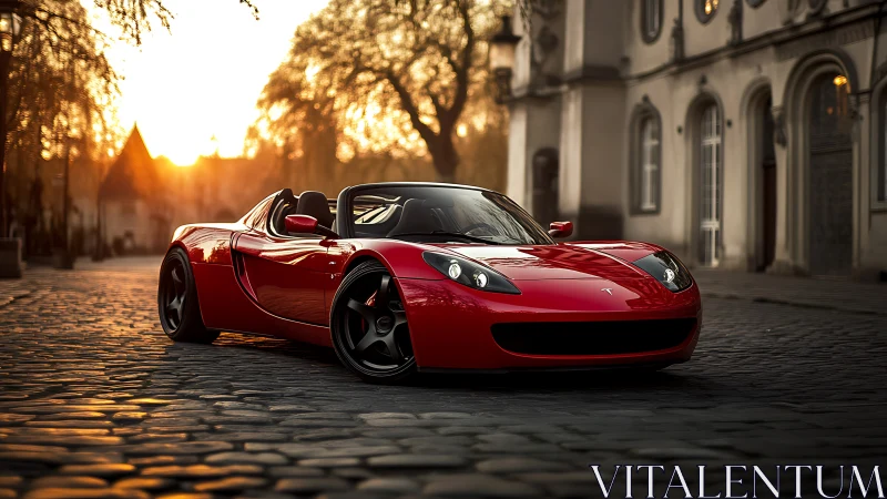 Crimson electric roadster lounging in golden cobblestone dusk.