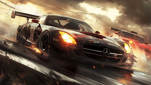 Rain-slicked racers carve molten light through storm clouds