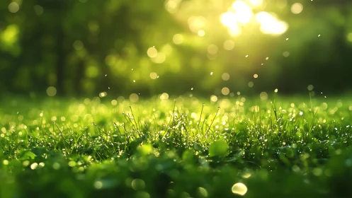 Morning dew sparkles on fresh grass in golden sunrise light
