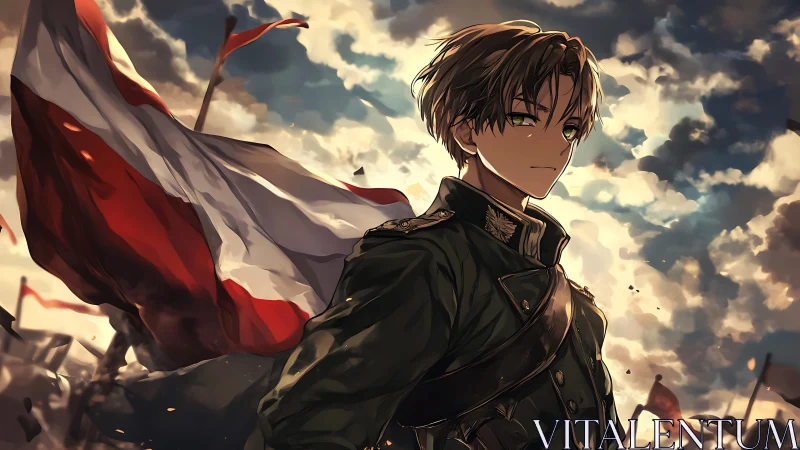 Anime soldier stands before red white flag at sunset sky.