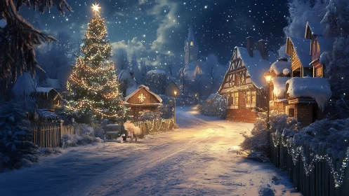 Snowy village street with illuminated Christmas tree.