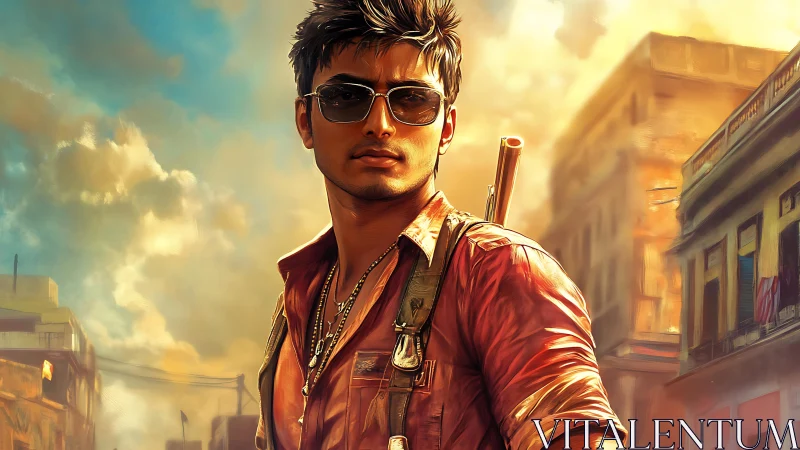 Urban adventurer strides through burning gold cityscape.