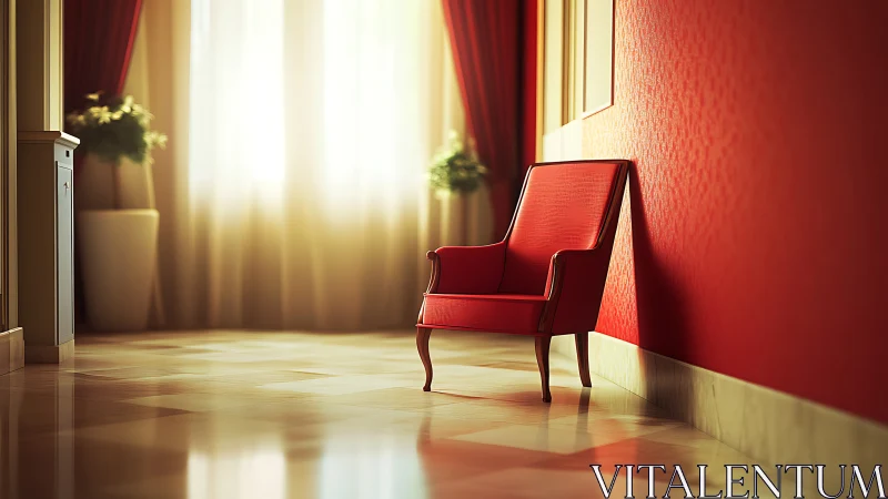 Sunlit red lounge chair basking in a golden quiet hallway.
