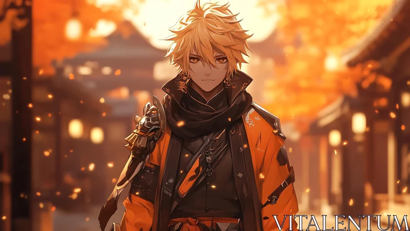 Autumn warrior walks through glowing lantern-lit streets at dusk