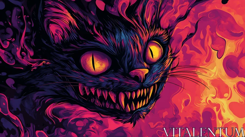 Demonic neon cat head emerges from swirling inferno flames