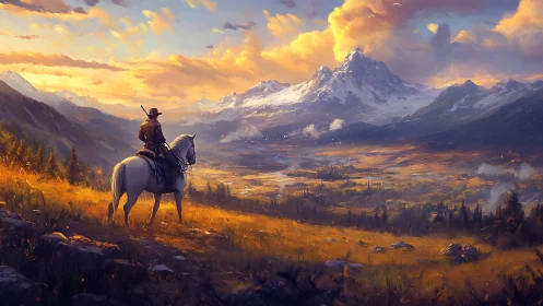 Lone rider surveys golden valley beneath blazing peaks.