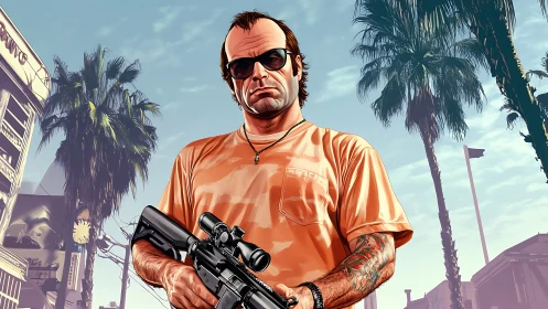 Armed urban antihero under palm-lined boulevard skyline.