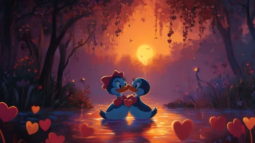 Cartographic Avian Pair: Luminescent Sunset Aquatic Encounter.