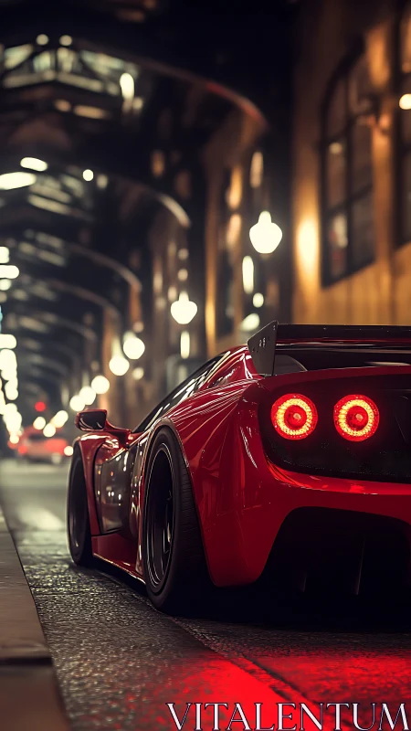 Red sports car waits under city streetlights at night