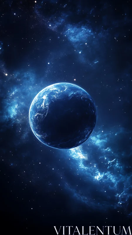 Peaceful blue planet floating gently in a starlit cosmos.