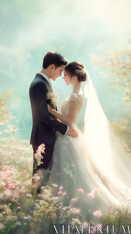 Backlit bridal couple in shallow-depth floral meadow composition