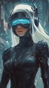 Neon Oracle in carbon armor patrolling the data rainstorm.