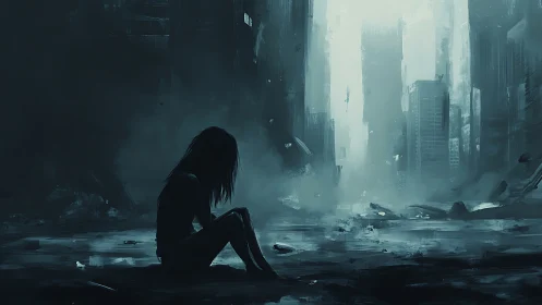 Solitary figure contemplates ruins within fog drenched cityscape