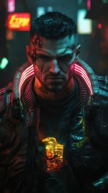 Cybernetic street warrior in neon lit futuristic alley.