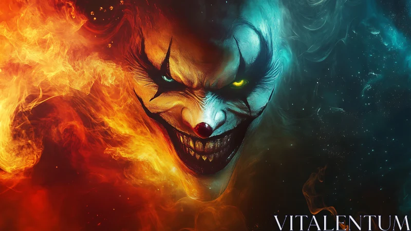 Sinister fire and ice clown portrait in split infernal void.