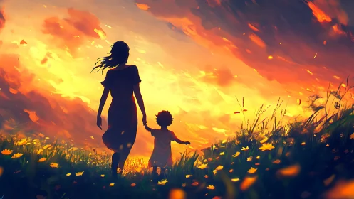 Digital painting silhouette of mother and child at blazing sunset.
