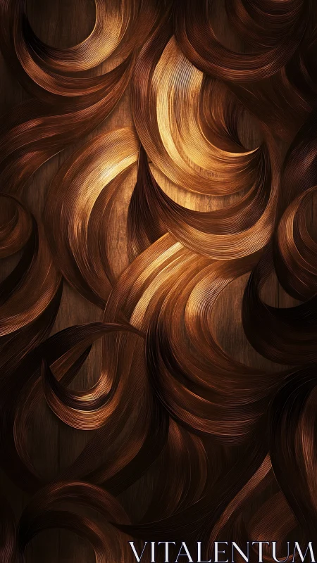 Gilded copper waves curl across a dark wooden twilight.