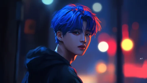 Blue haired figure in hooded jacket against urban night lights.