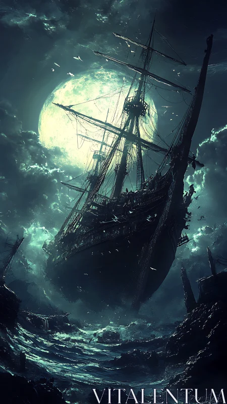 Moon-drowned ghost ship rises clawlike from the wrecked sea