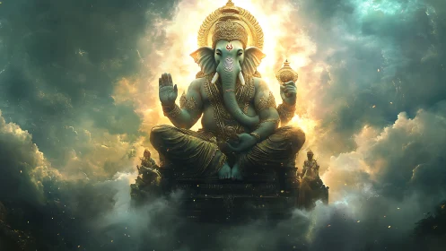 Divine Ganesha deity seated in radiant celestial clouds