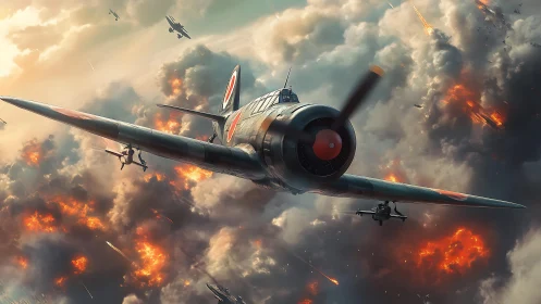 Historic fighter plane soaring through fiery stormy skies.