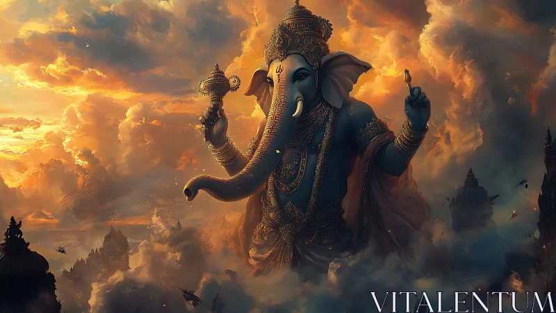 Colossal elephant deity strolls through ember-lit storm clouds