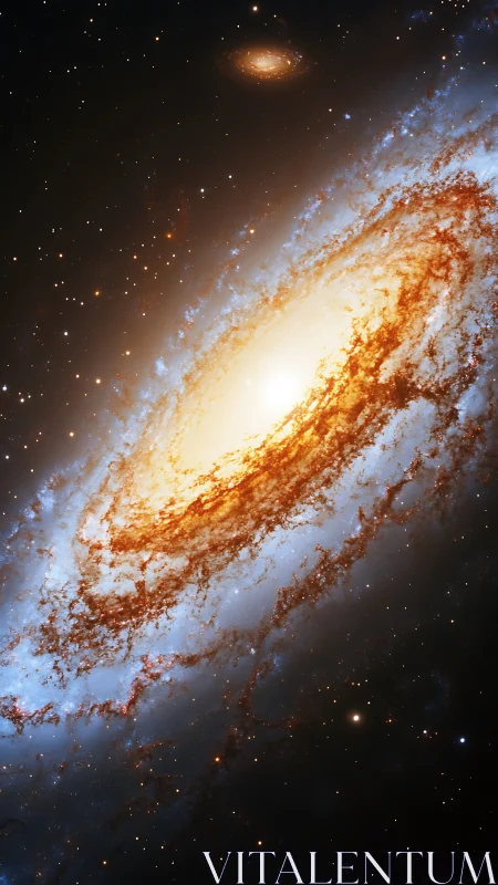 Spiral galaxy core glowing with golden dust and blue halos.