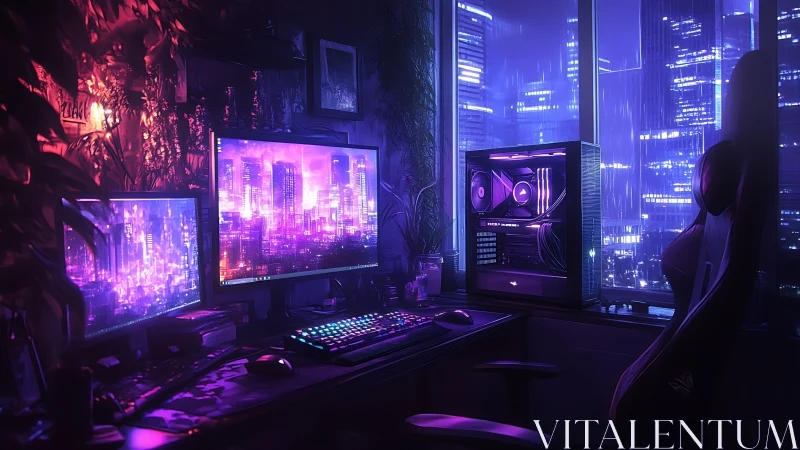 Neon-lit gaming battlestation glows against rainy cyber city