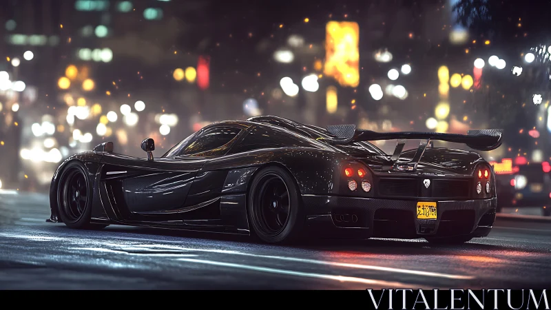 Black sports car on wet city street at night with lights.