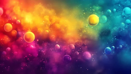 Spherical forms drift through dense multicolor cosmic nebula