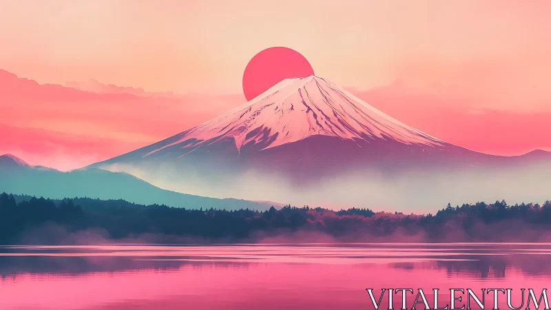 Radiant pink sunrise crowns a tranquil snow-capped mountain